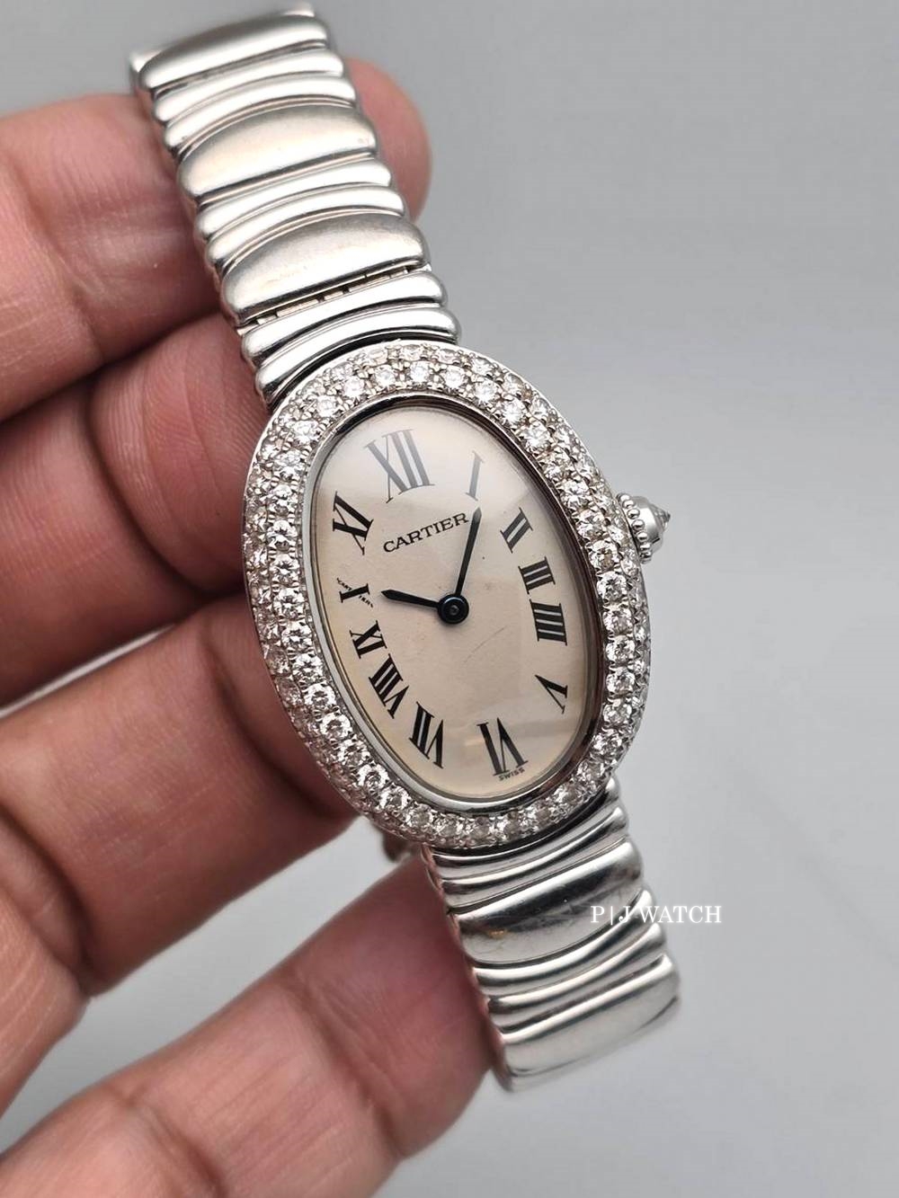 Cartier Baignoire 18k White Gold Diamond Bezel Ladies Watch Ref.1955